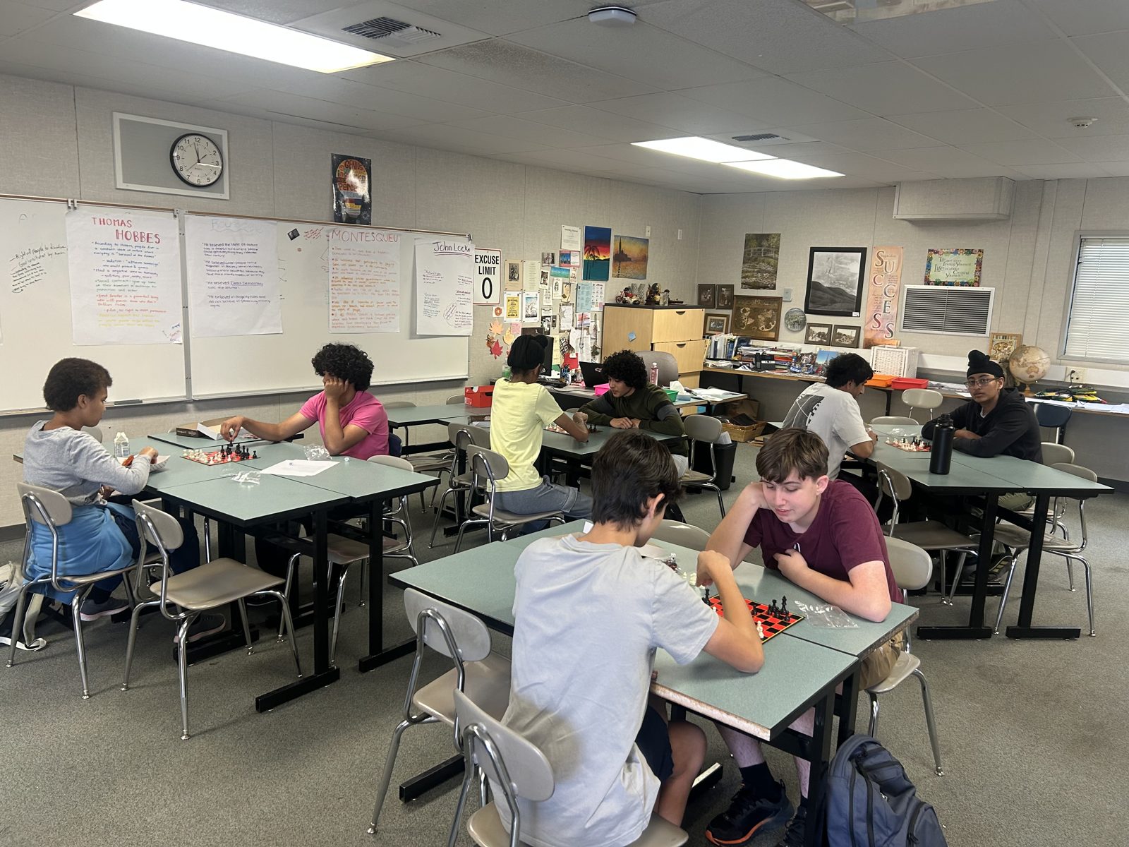River Valley High School chess club playing at desks in a classroom