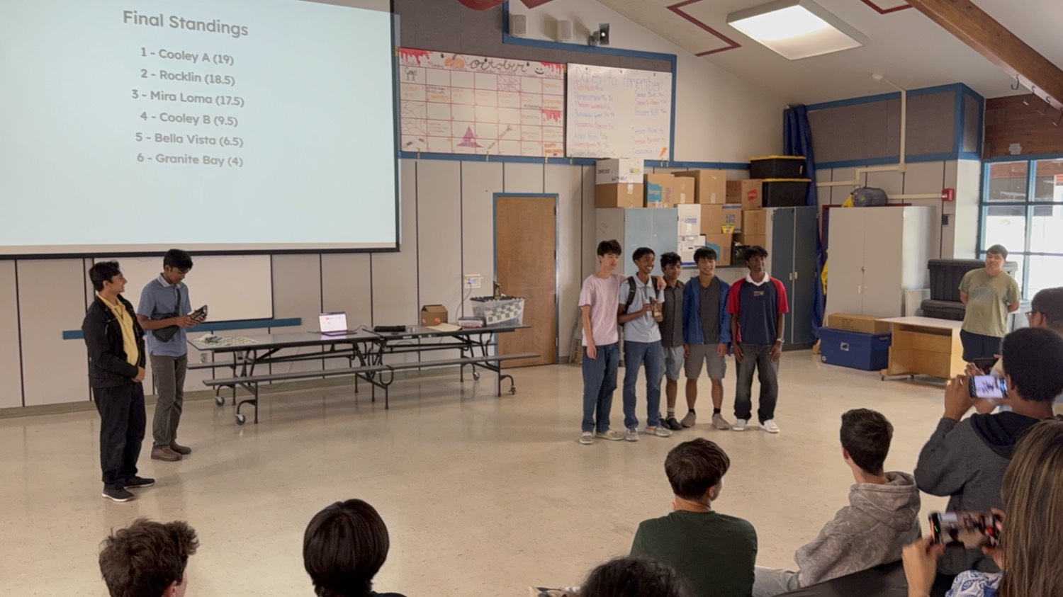 Final standings projected on screen as a team is recognized at the championship